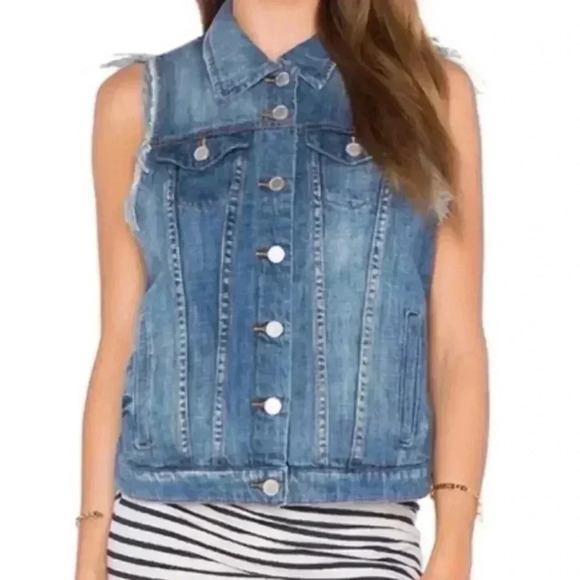 Blank NYC Distressed Sleeveless Denim Button Down Vest Size Medium EUC - Picture 1 of 6